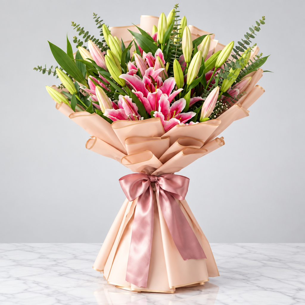 Pink Lily Bouquet with Eucalyptus