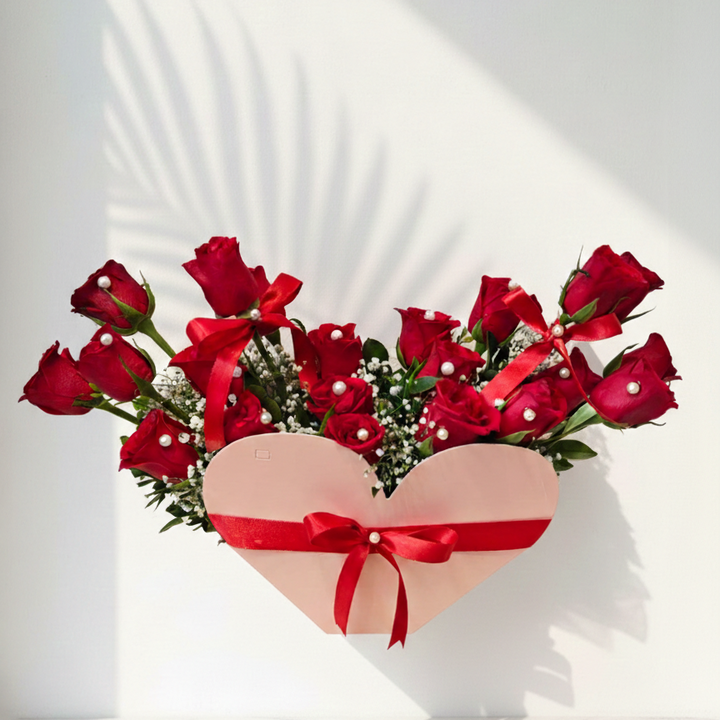 Red Roses  Heart-shaped box  with Baby’s Breath