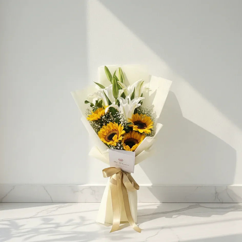 Sunflower & Lily Hand-Tied Bouquet Online - atfleurs