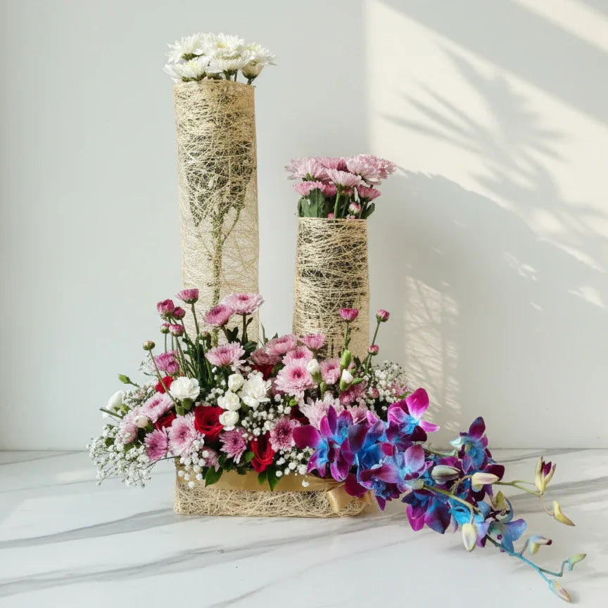 Blue Orchid & Chrysanthemum Jute Wrap - atfleurs