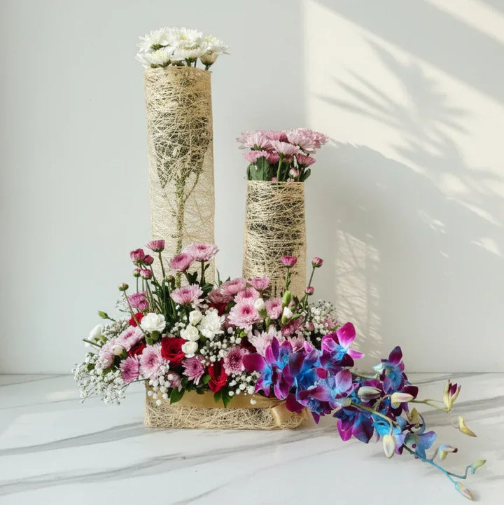 Blue Orchid & Chrysanthemum Jute Wrap - atfleurs