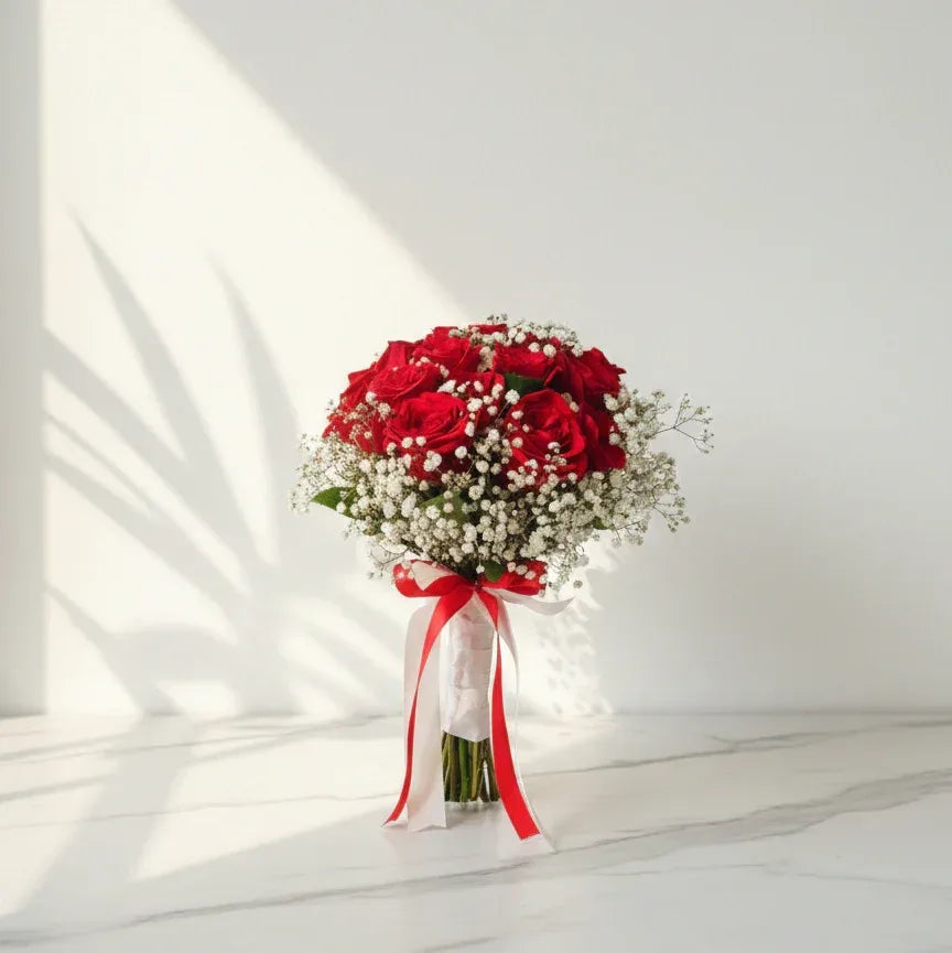 Red Rose Bouquet with White Gypsophila - atfleurs