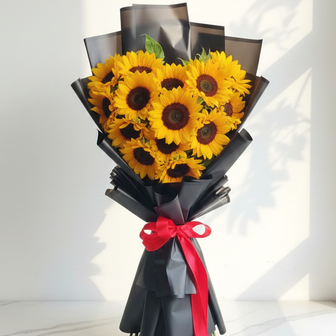 Bouquet of sunflowers wrapped in black paper with a red ribbon on a light background