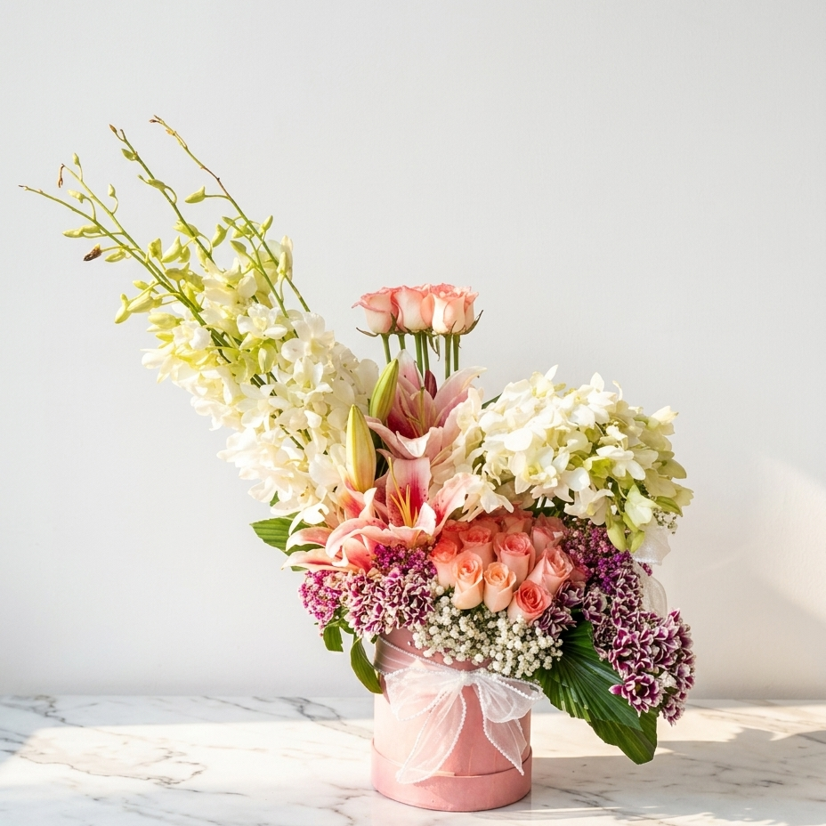 Pink Rose & Lily Bouquet with White Hydrangea