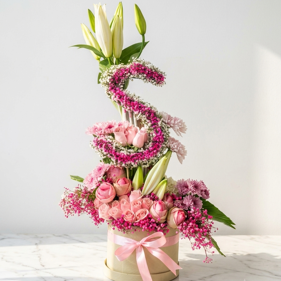 Letter S Flower Arrangement with Pink Roses & Lilies