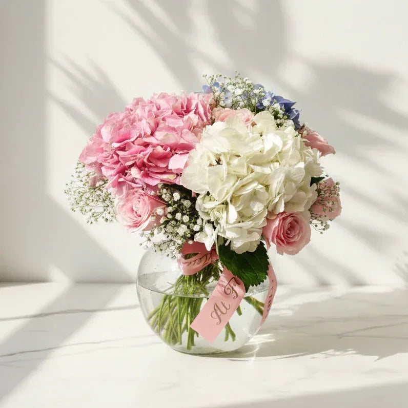 Hydrangeas and Roses Bouquet with Baby’s Breath - atfleurs