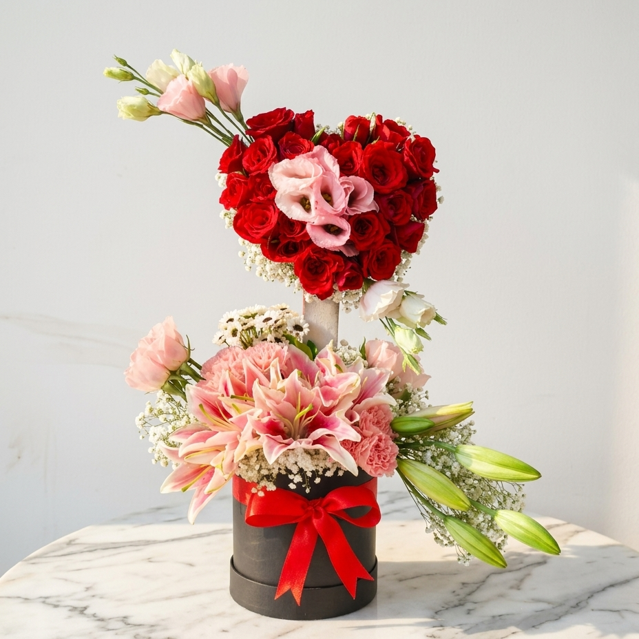 Red Roses Bouquet with Pink Lilies