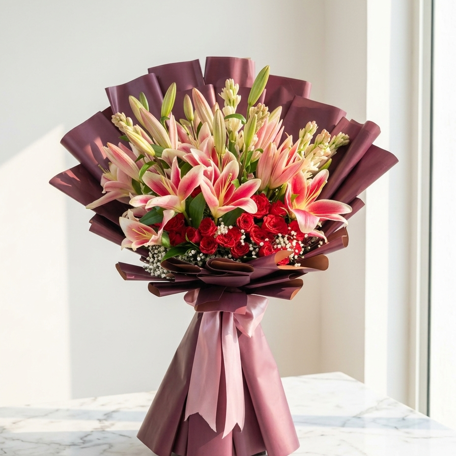 Lily and Tuberose Bouquet with Roses