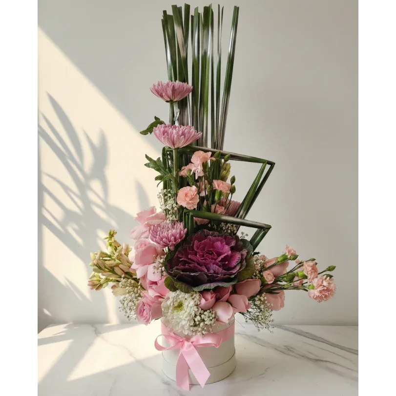 Pink Chrysanthemums Bouquet with Box Arrangement - atfleurs