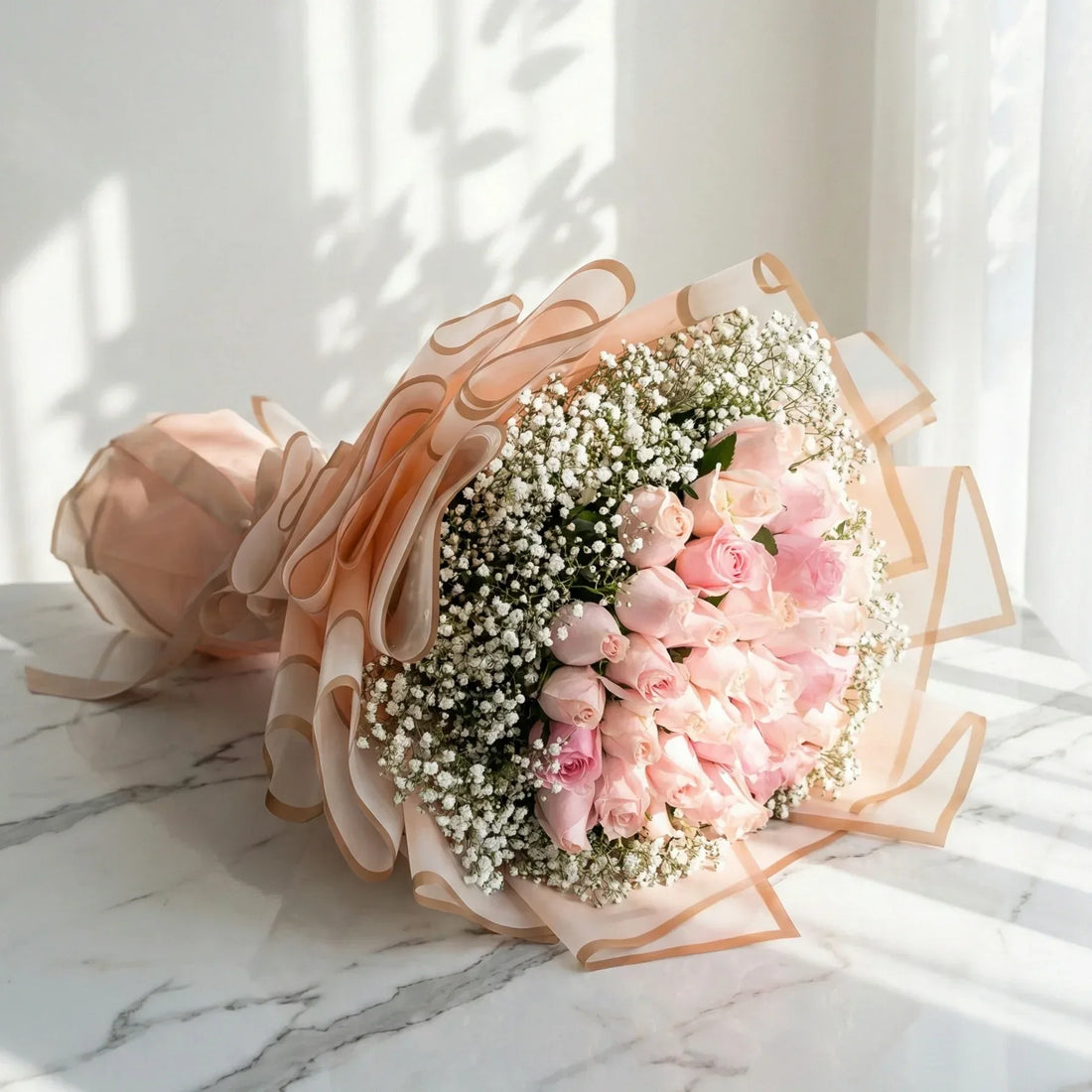 50 Pink Roses Bouquet with Baby’s Breath - atfleurs