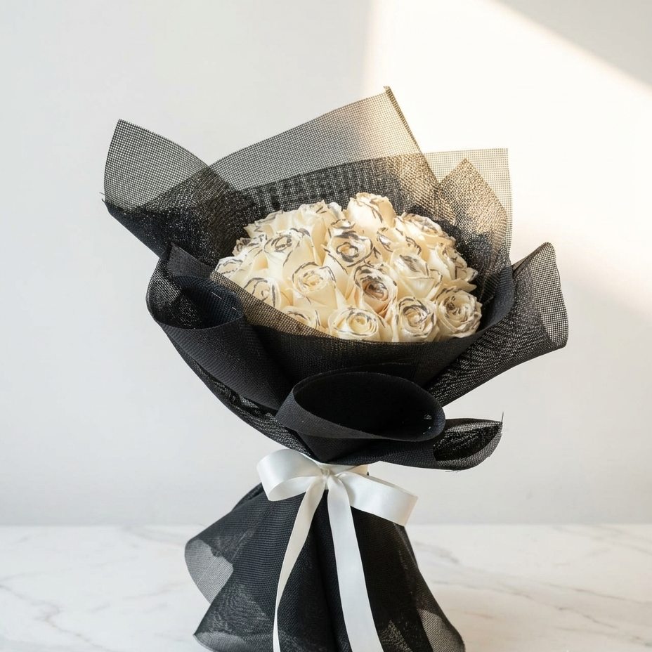Grace White Rose Bouquet in Black Wrap