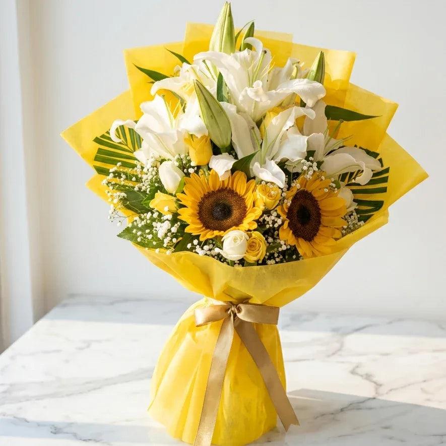 flower bouquet by Atfleurs | floral arrangement | Tulips & sunflowers | Hand Bouquet