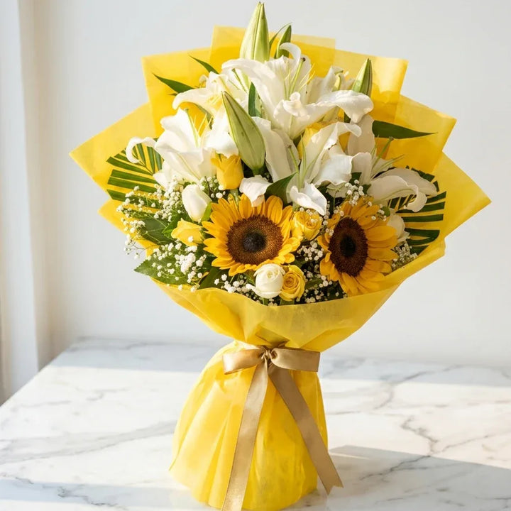 white lilies and sunflowers Sunflowers and Lilies in Yellow Wrap