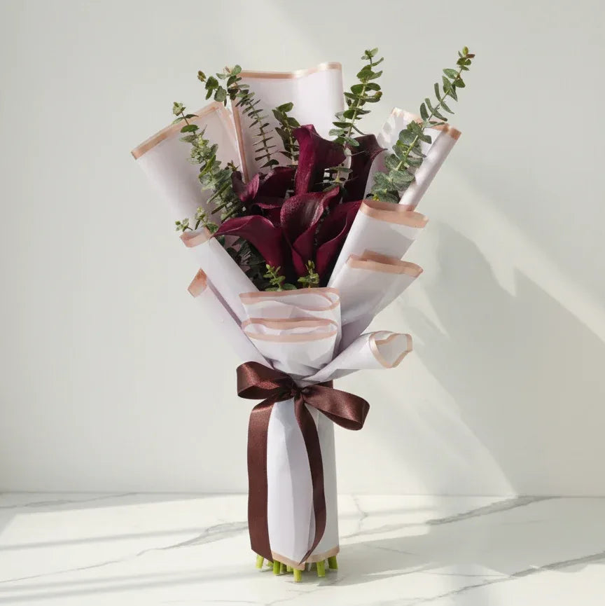Maroon Calla Lily Wrapped Bouquet - atfleurs