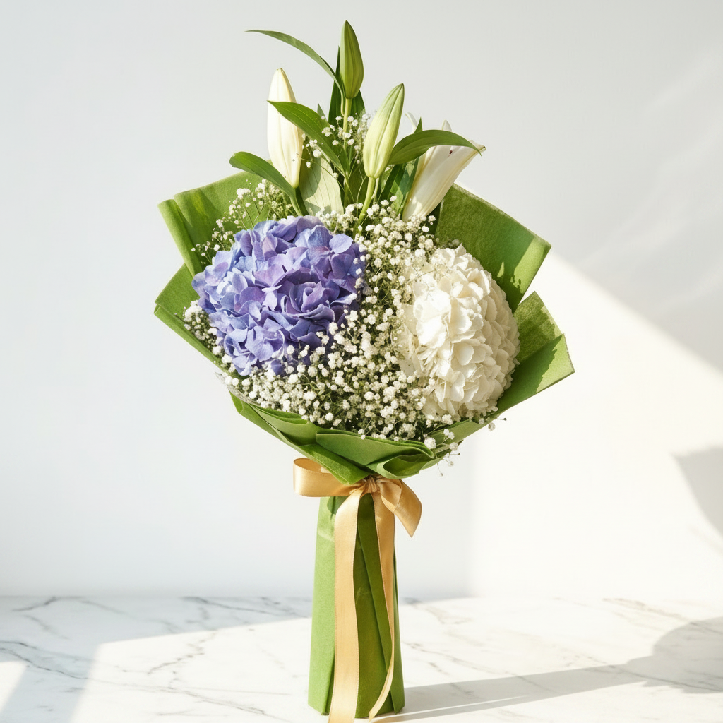 Blue & White Hydrangea Bouquet with Baby's Breath