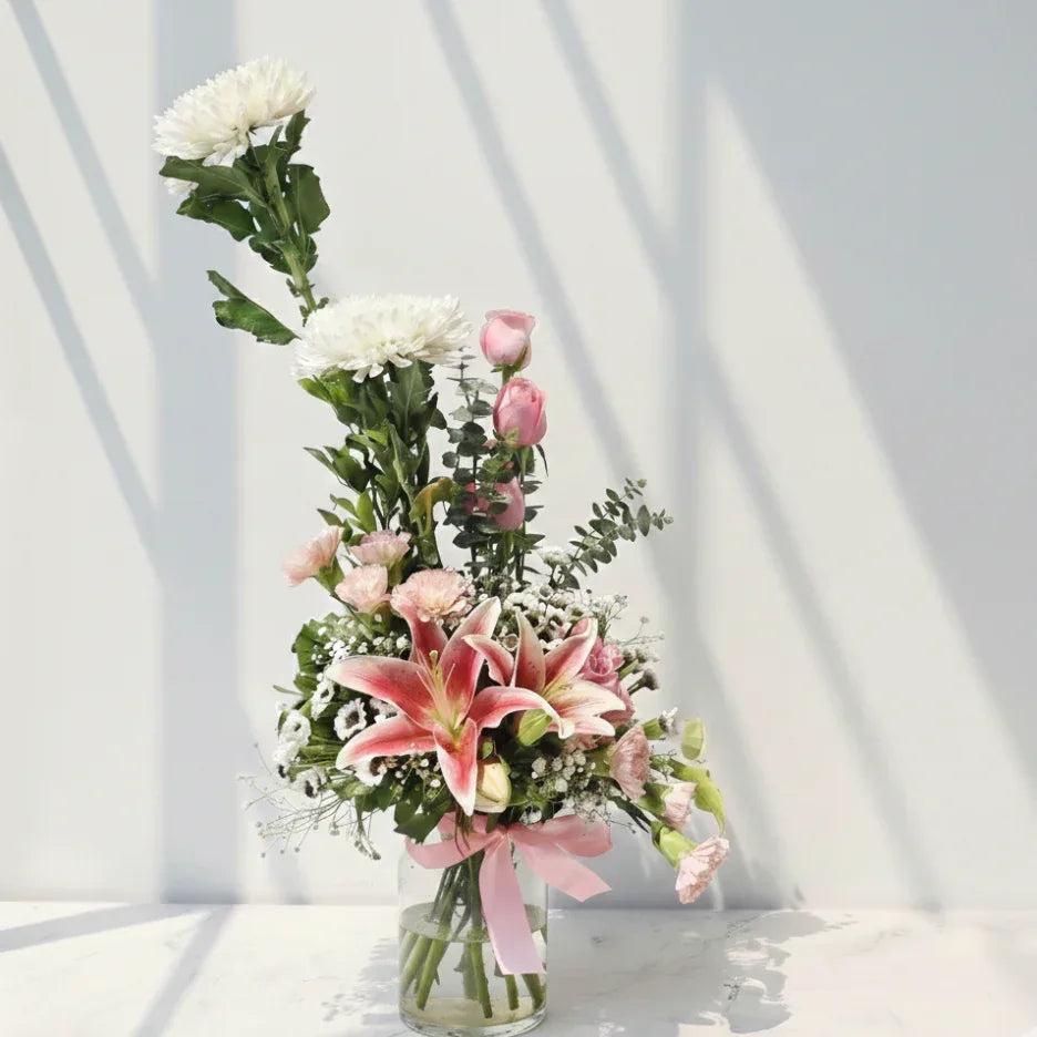 Pink Lilies Bouquet with White Chrysanthemums - atfleurs