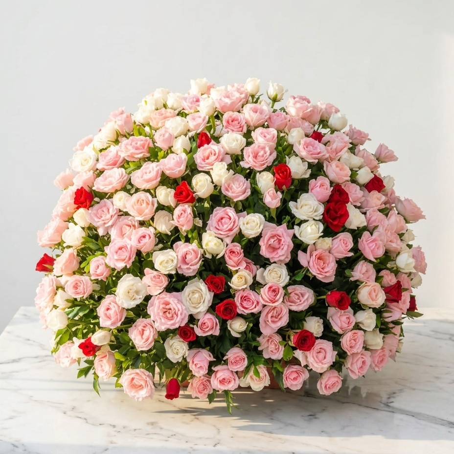 Mixed Pink & White Roses Bouquet with Green Foliage