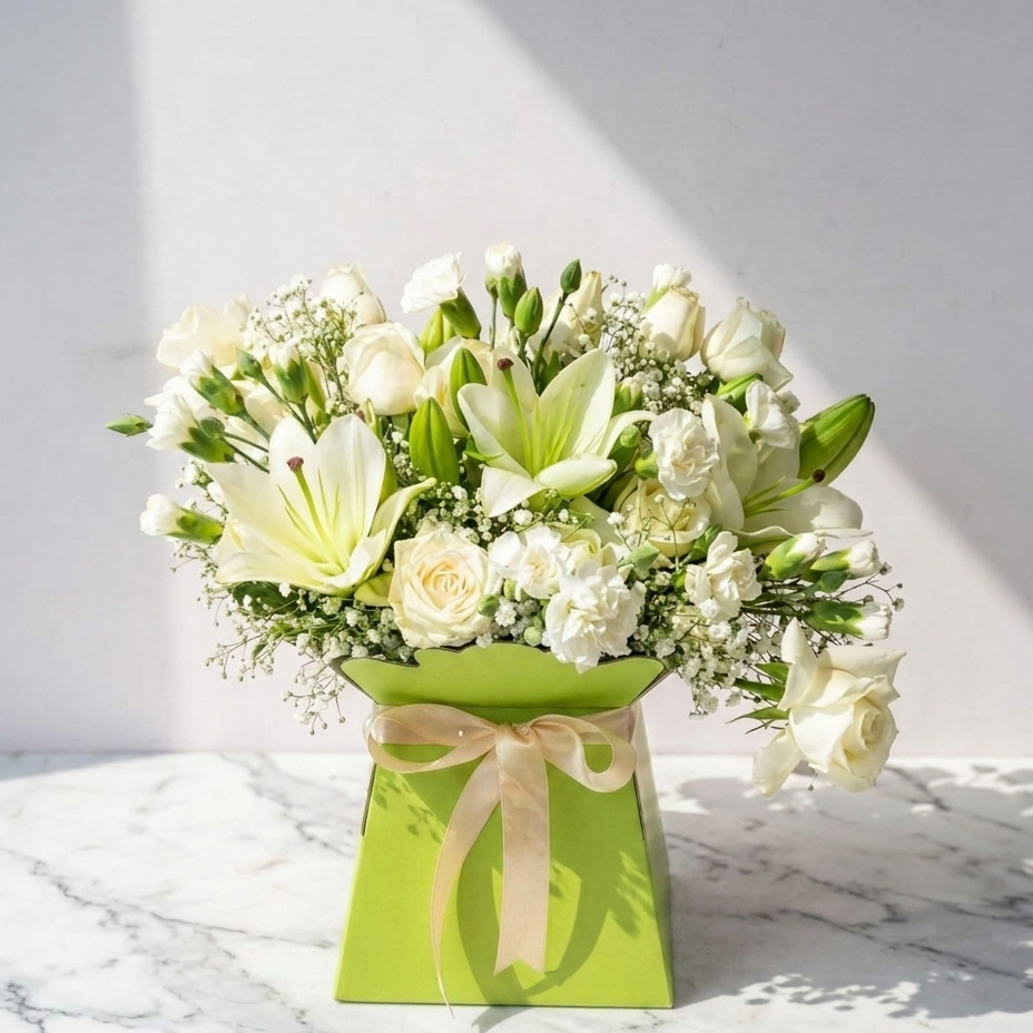 White Roses and Lilies Bouquet in Porto Vase Bag with Baby's Breath