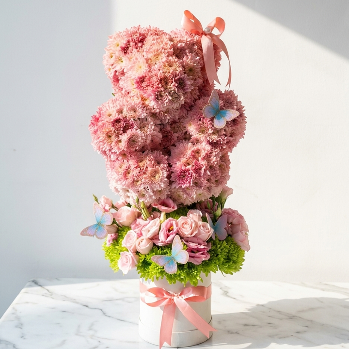 Handcrafted pink floral teddy bear made of pink chrysanthemums with pastel roses, green hydrangeas, and iridescent blue butterflies in a white box tied with a pink bow by At Fleurs Bandra Mumbai