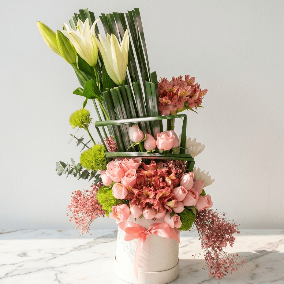 White Lily Bouquet with Pink Roses