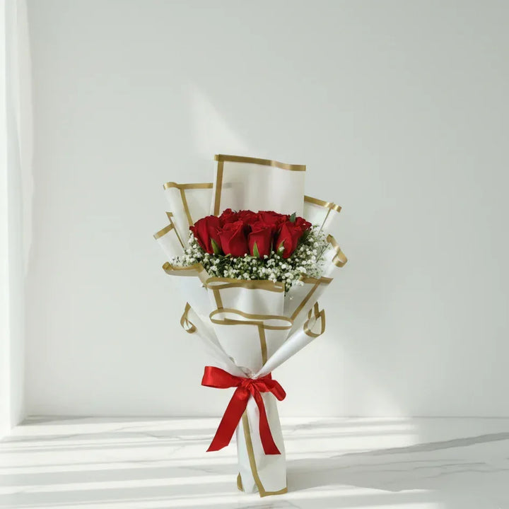 Fresh Red Roses Bouquet with White Gypso in Classic Wrap - atfleurs