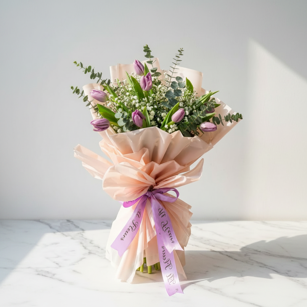 Purple Tulip Bouquet with Baby's Breath
