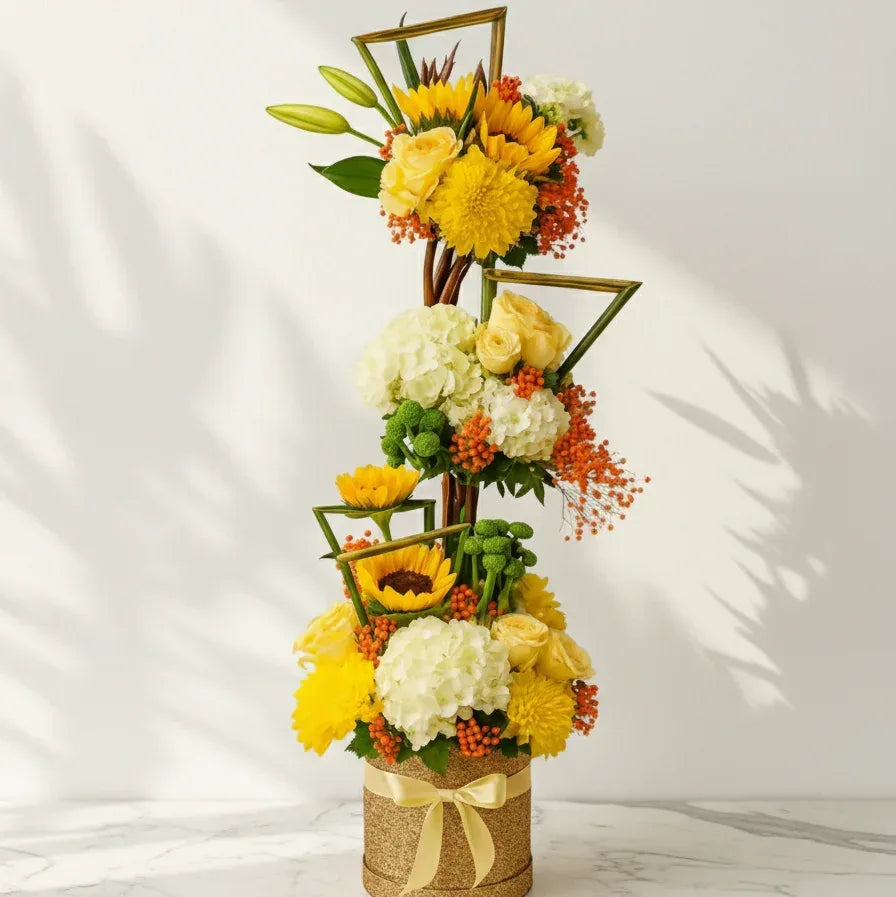 Grand Flower Box with Hydrangea Sunflower Lily and Peach Roses - atfleurs
