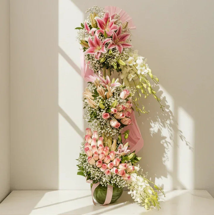 Pink Lilies Roses and Orchid Floral Tower in Box - atfleurs