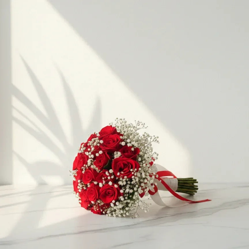 Red Rose Bouquet with White Gypsophila - atfleurs