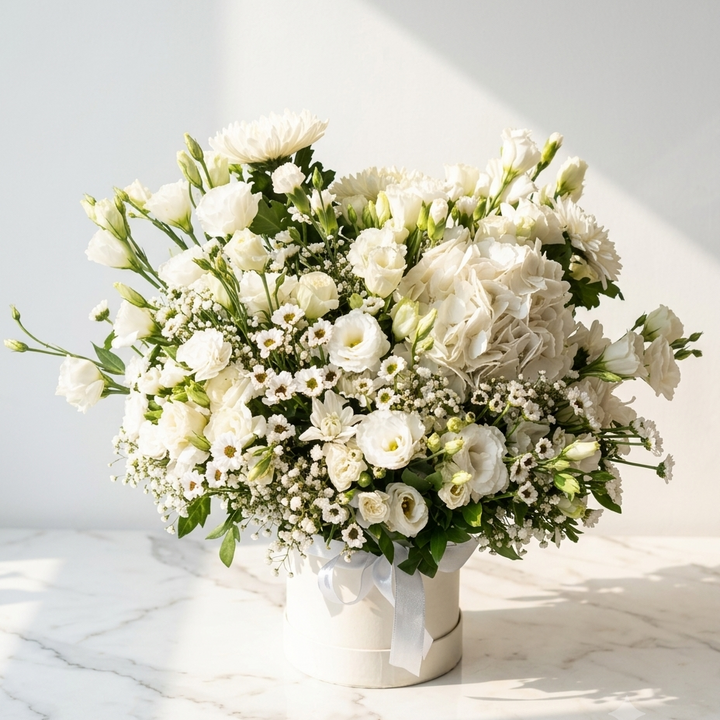 Luxurious all-white floral arrangement featuring white hydrangeas, lisianthus, spray chrysanthemums, and baby's breath in a white cylindrical hat box with a silver satin ribbon by At Fleurs Bandra Mumbai