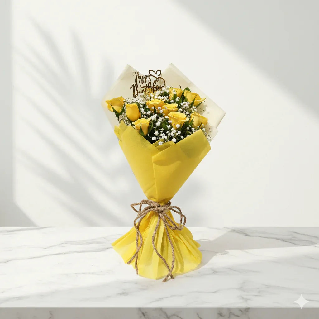 Yellow Roses and Gypso Hand Bouquet - atfleurs