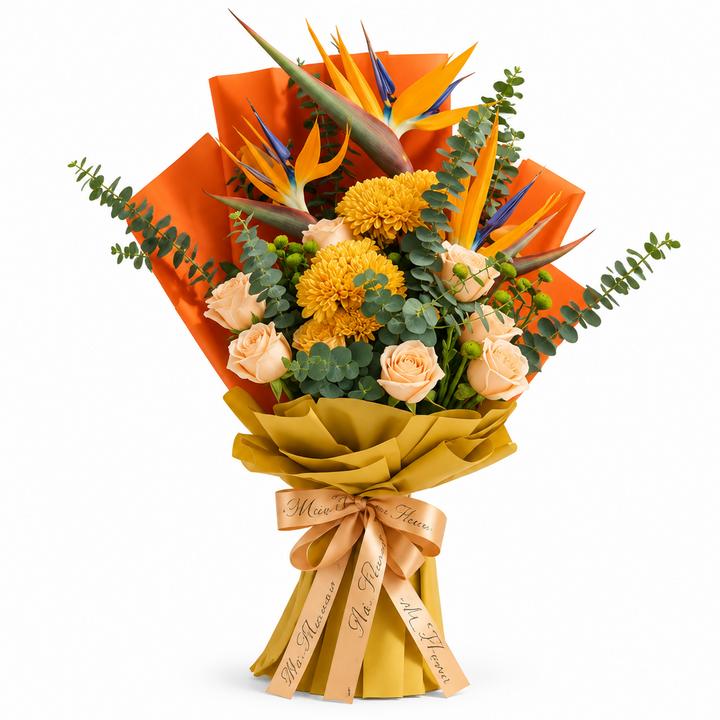 Bird of Paradise & peach Rose Hand Bouquet