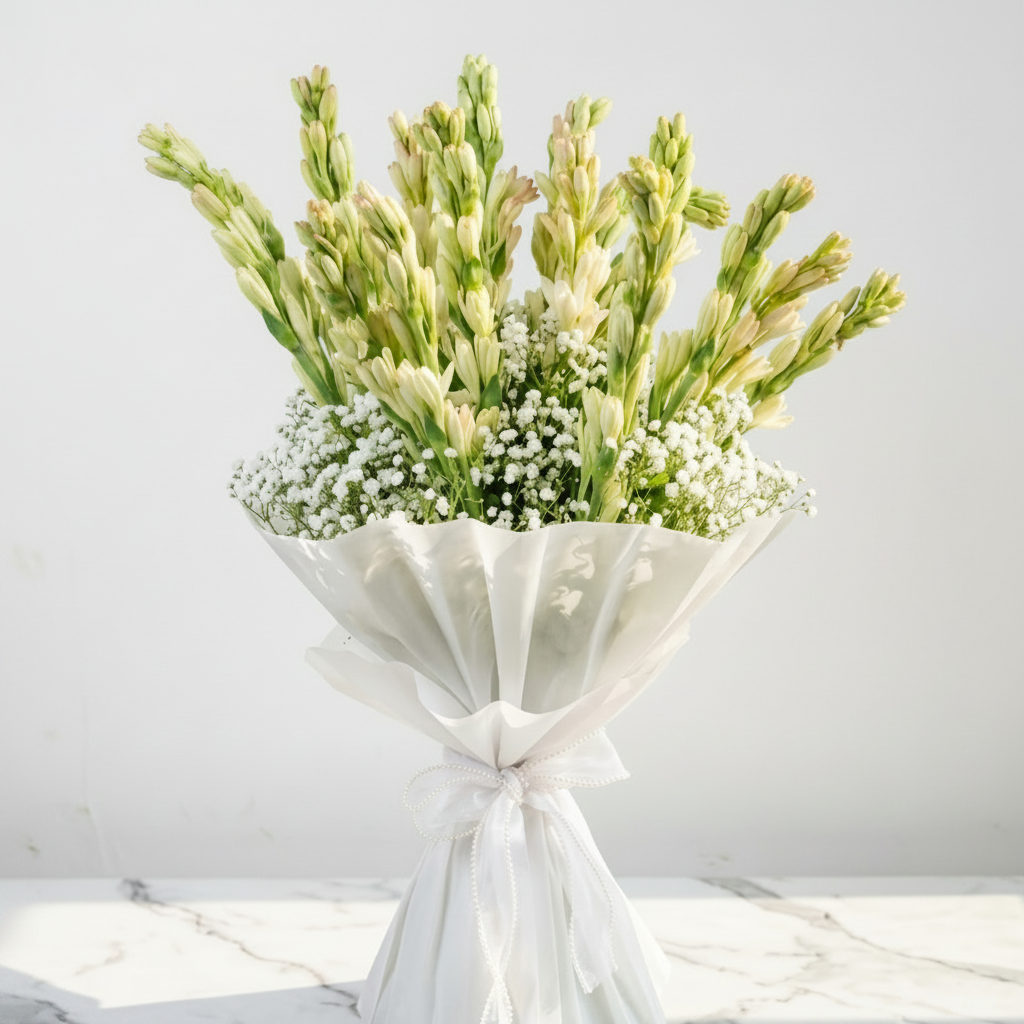 A floral bouquet wrapped in white tissue paper and tied with a white ribbon, featuring pale yellow-green gladiolus stems and white baby's breath, set on a white marble surface against a light gray background.