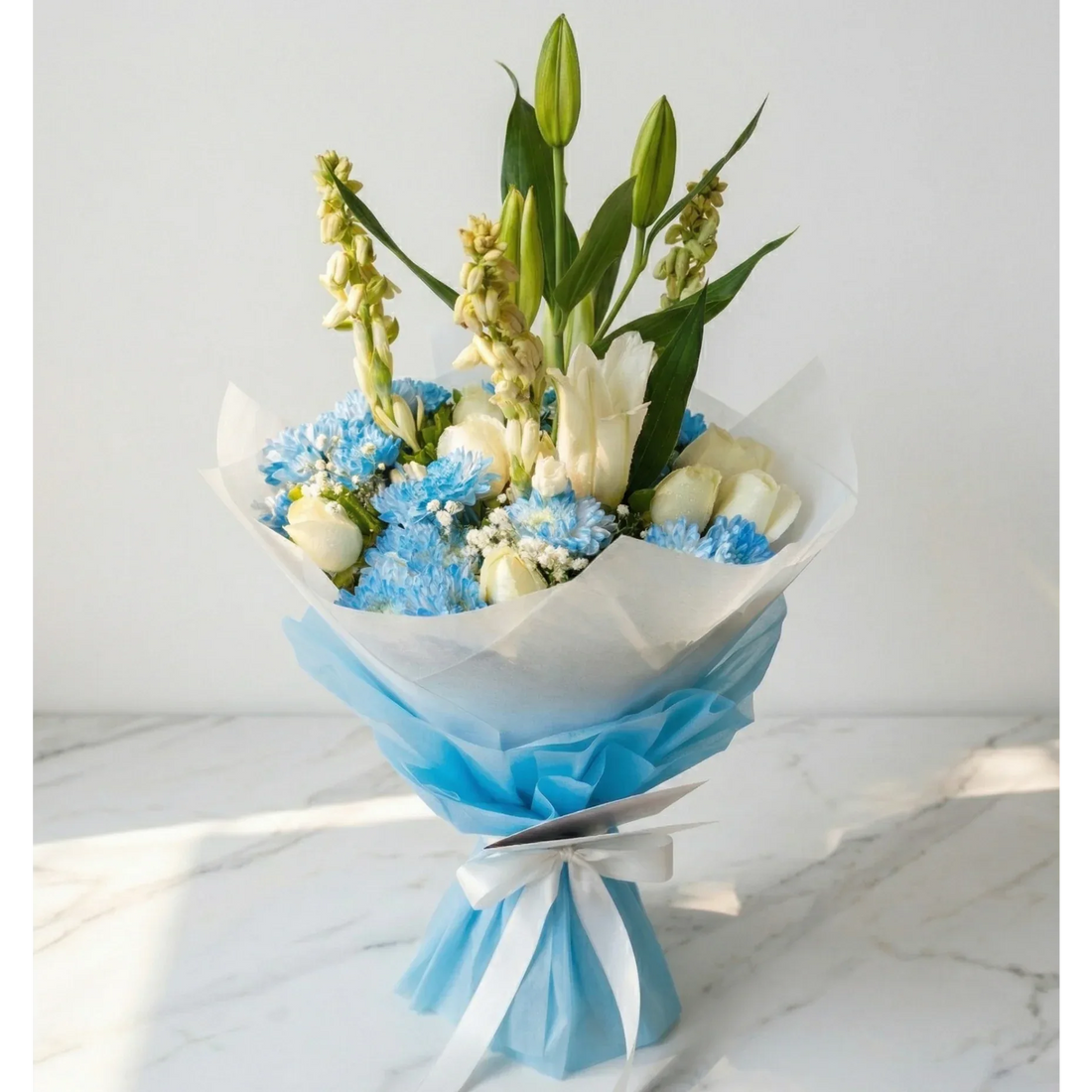 flower bouquet by Atfleurs | floral arrangement | Fancy Bouquet | Hand Bouquet | blue flowers bouquets | atfleurs