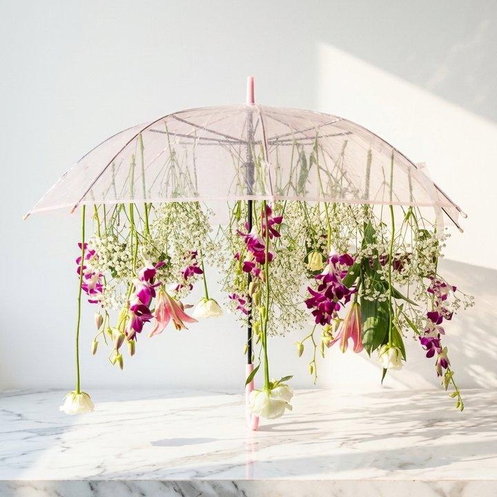 A clear ribbed umbrella decorated with hanging pink and purple flowers, displayed | Tulips | Florist | Atfleurs Mumbai