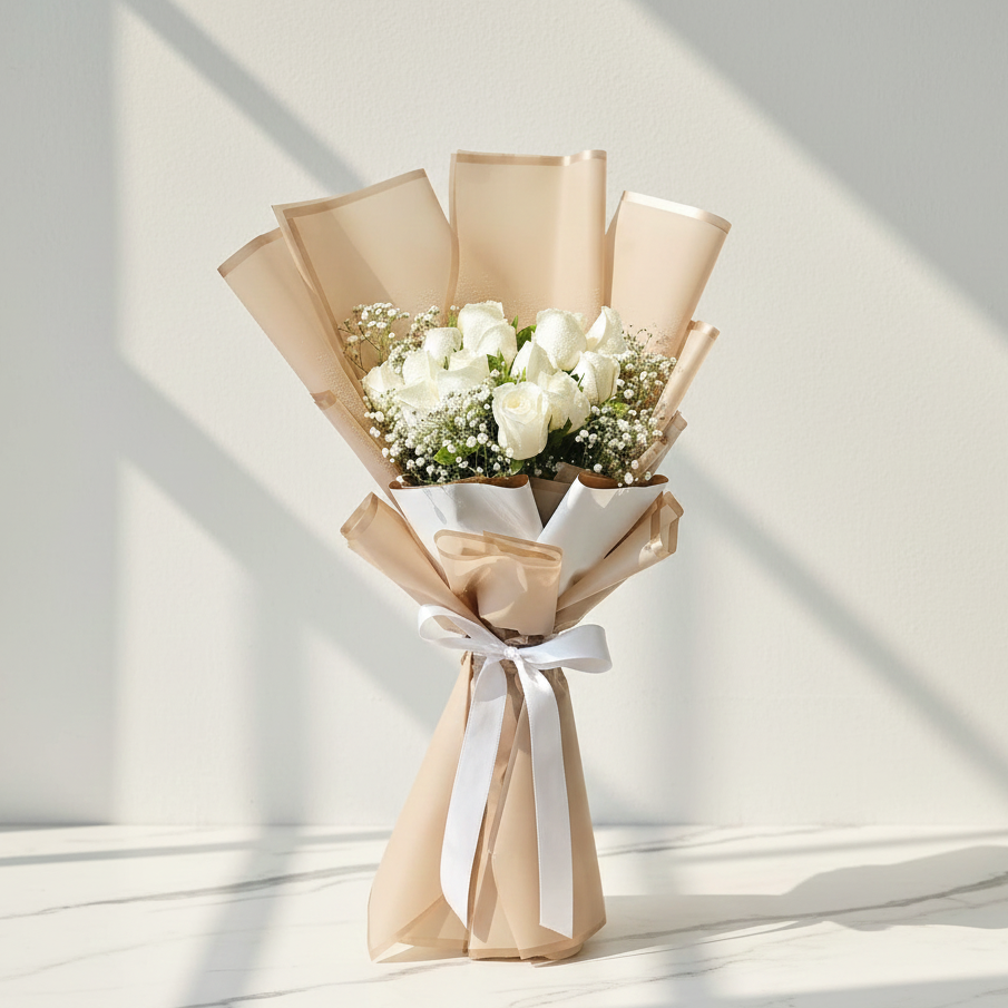 10 White Roses & Gypso Bouquet