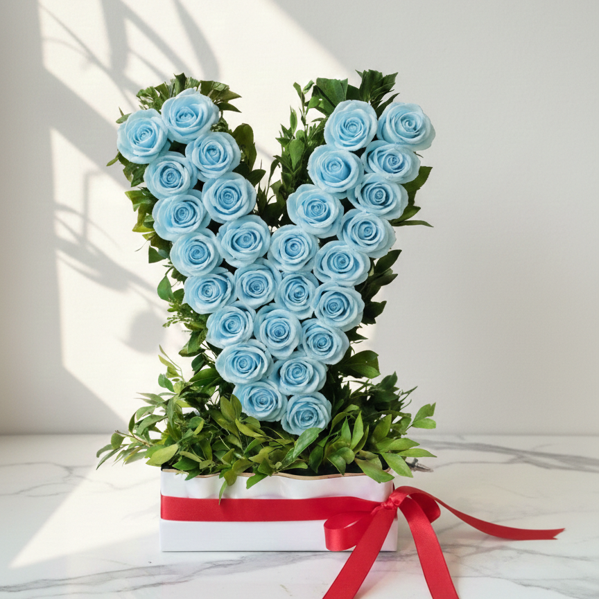 Blue Roses Bouquet with Fresh Green Foliage