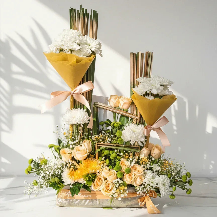 Chrysanthemum and Rose Arrangement with Gypso - atfleurs