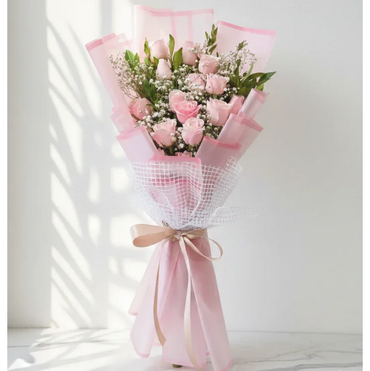 Pink Roses Bouquet with Baby’s Breath - atfleurs
