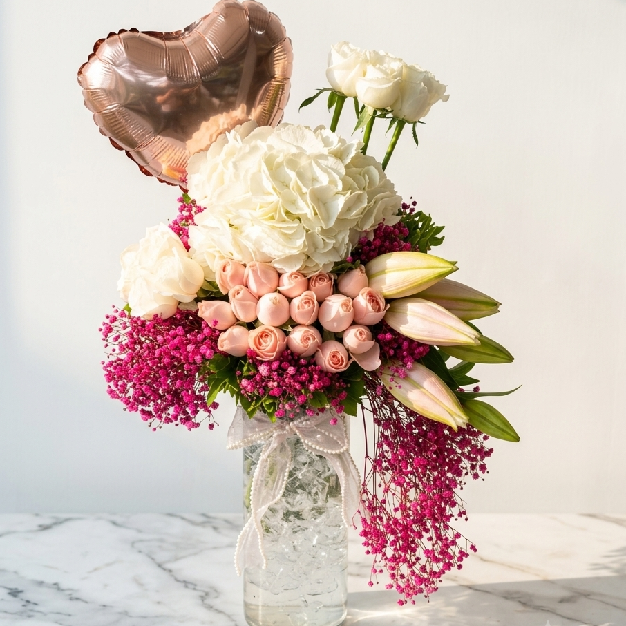 Hydrangea and Rose Bouquet with Pink Baby’s Breath