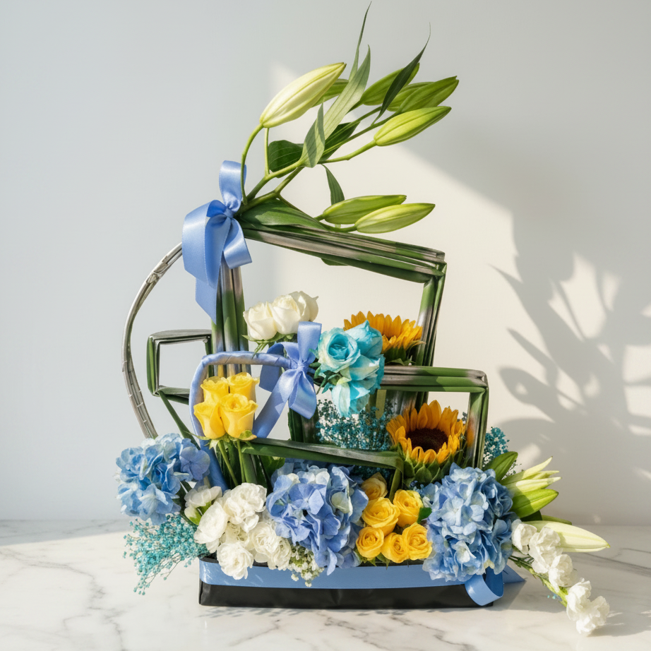 Blue Hydrangea Bouquet with Sunflowers