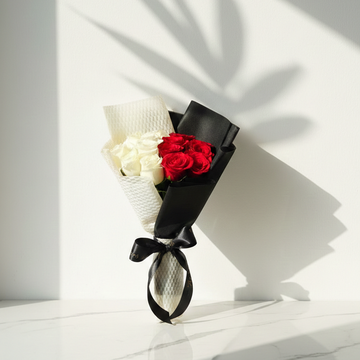 Red & White Roses in Chic Mono Wrap