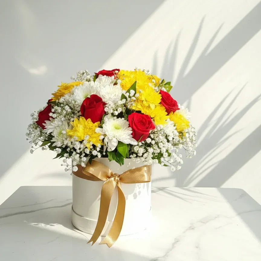 Red Roses and Chrysanthemums Bouquet with Baby’s Breath - atfleurs