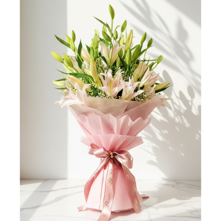 10 White Lily Bouquet with Baby’s Breath atfleurs