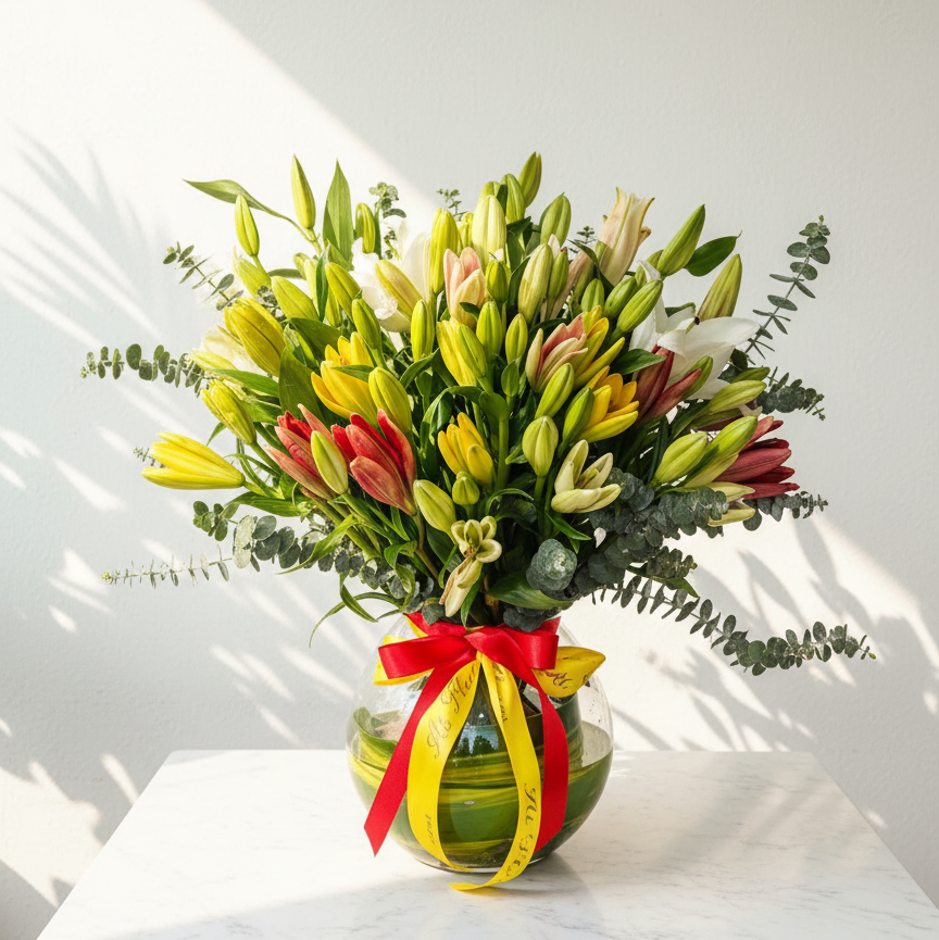 Mixed Color Lilies Vase Arrangement atfleurs