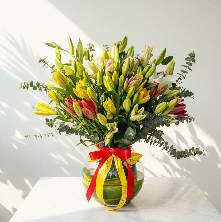 Mixed Color Lilies Vase Arrangement atfleurs