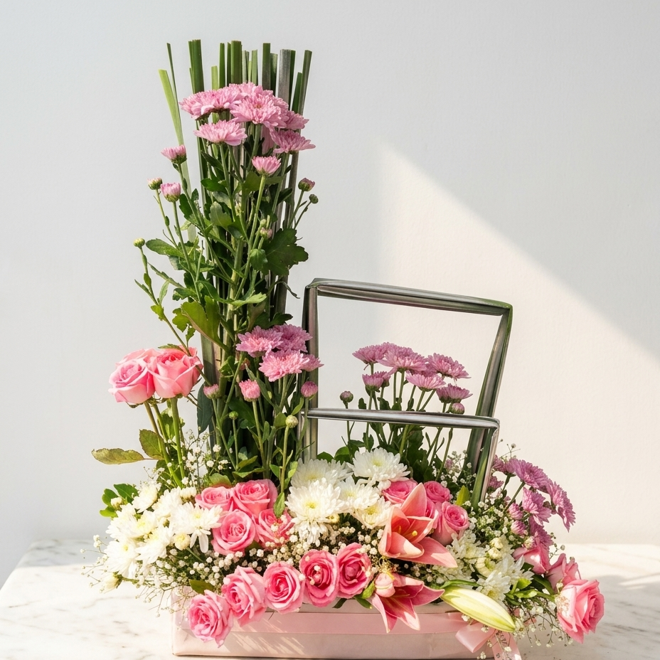 Pink Rose and Chrysanthemum Bouquet with Lilies