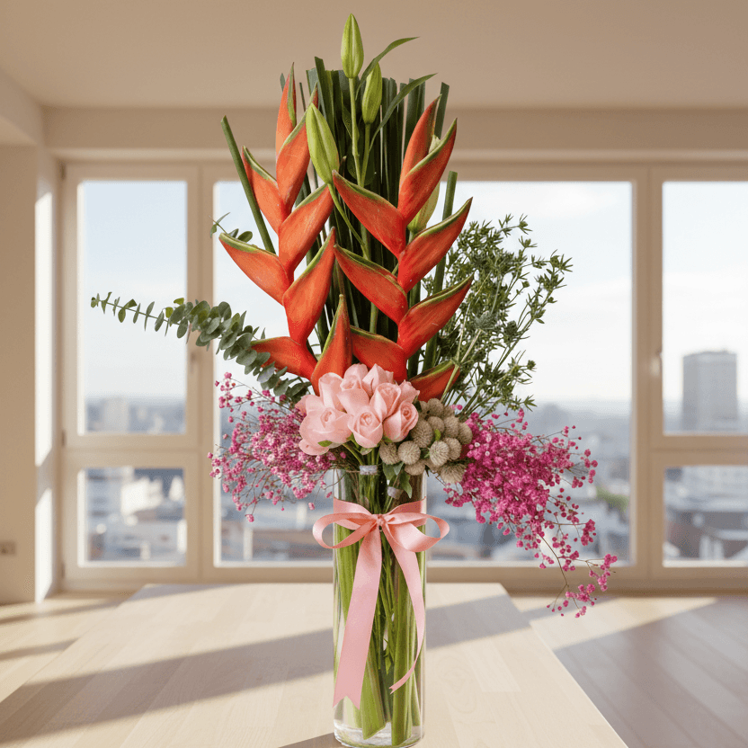 Heliconia Bouquet with Pink Baby’s Breath