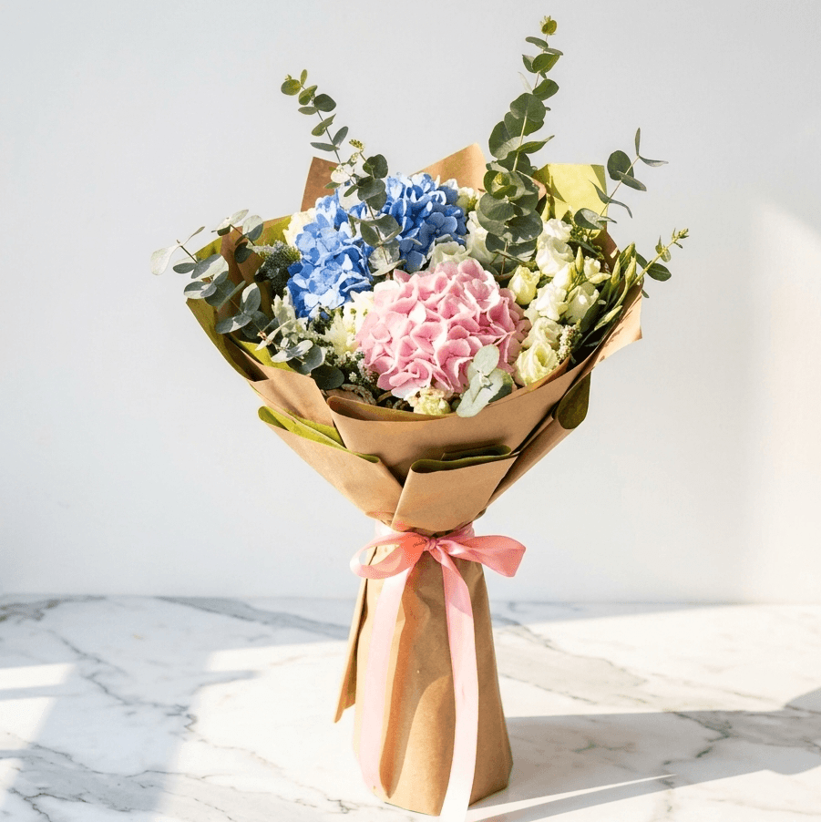 Hydrangea and Rose Bouquet with Eucalyptus