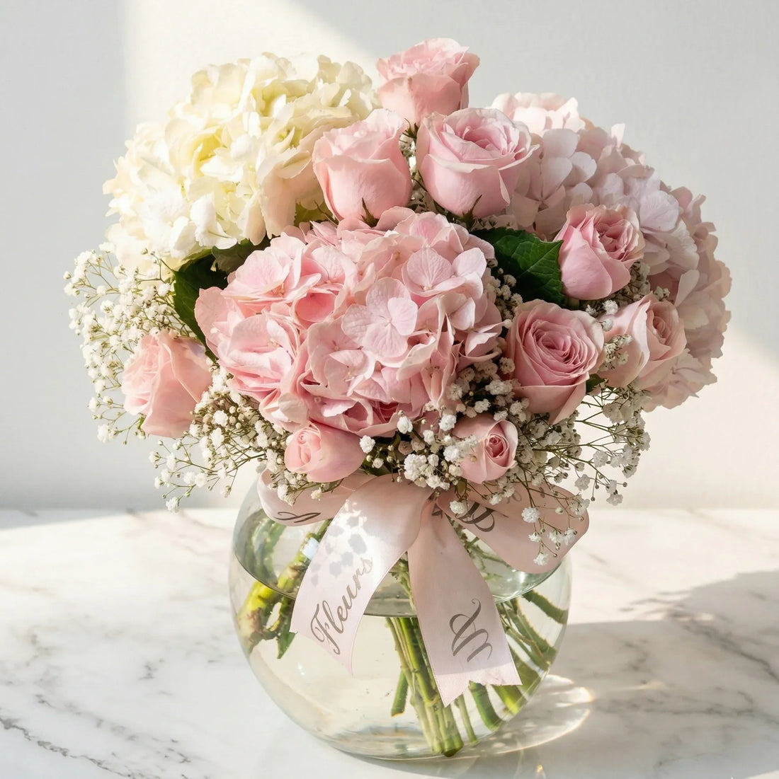 pink roses floral vase arrangement | atfleurs 